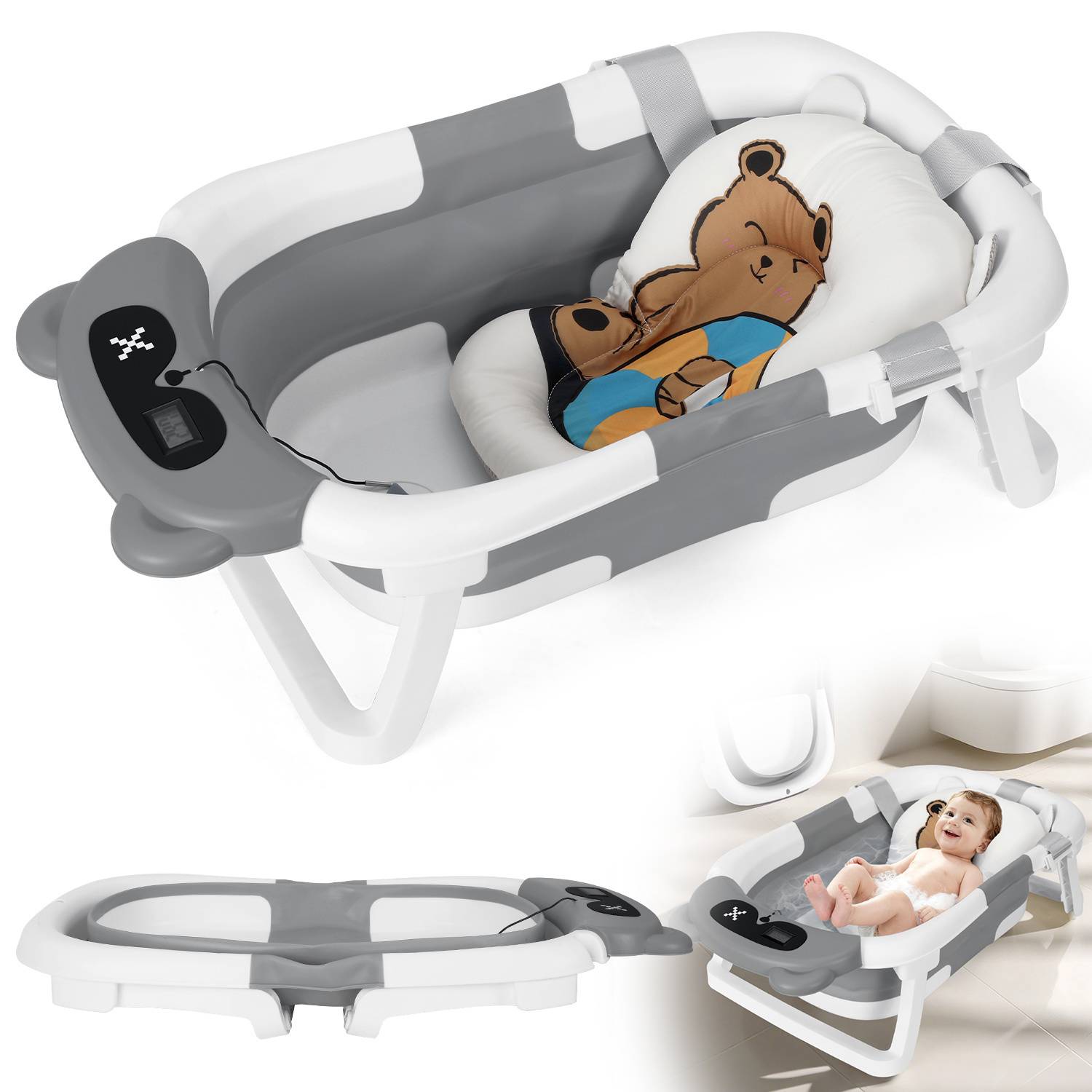 Baby Badewanne Faltbare Babybadewanne mit Gestell und Badematte Rutschfeste Tragbare Babywanne für Neugeborene Kinder (Grau)