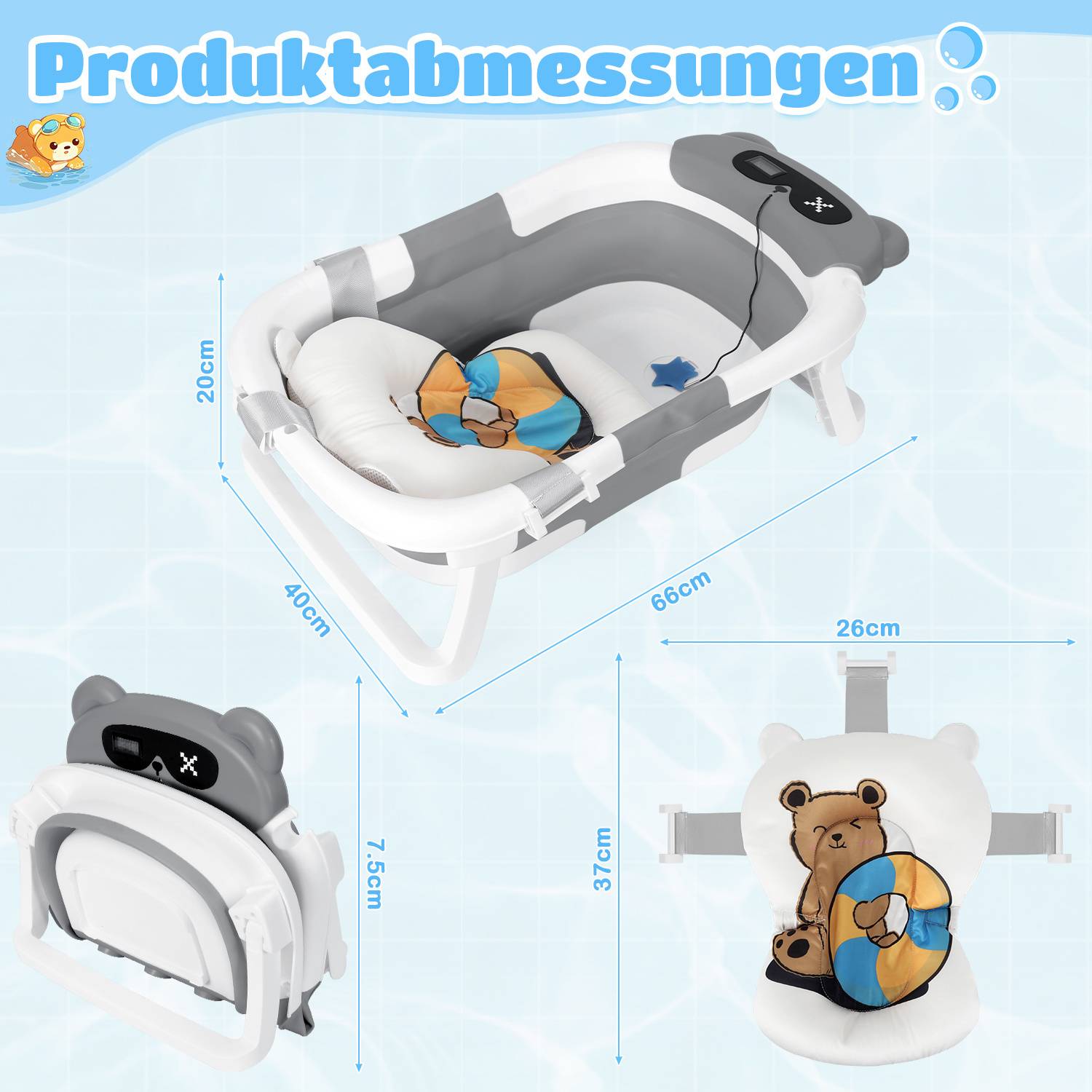 Baby Badewanne Faltbare Babybadewanne mit Gestell und Badematte Rutschfeste Tragbare Babywanne für Neugeborene Kinder (Grau)