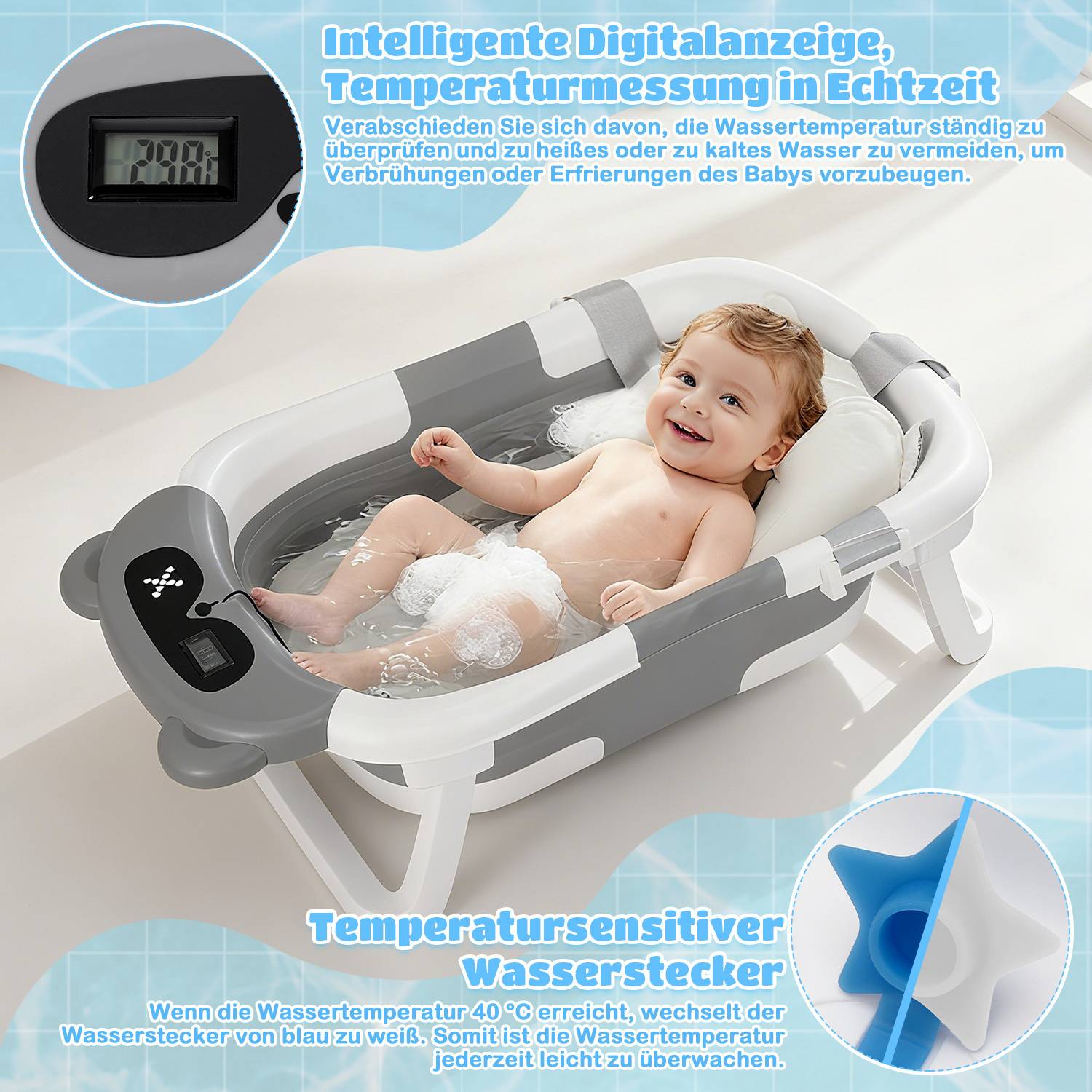 Baby Badewanne Faltbare Babybadewanne mit Gestell und Badematte Rutschfeste Tragbare Babywanne für Neugeborene Kinder (Grau)