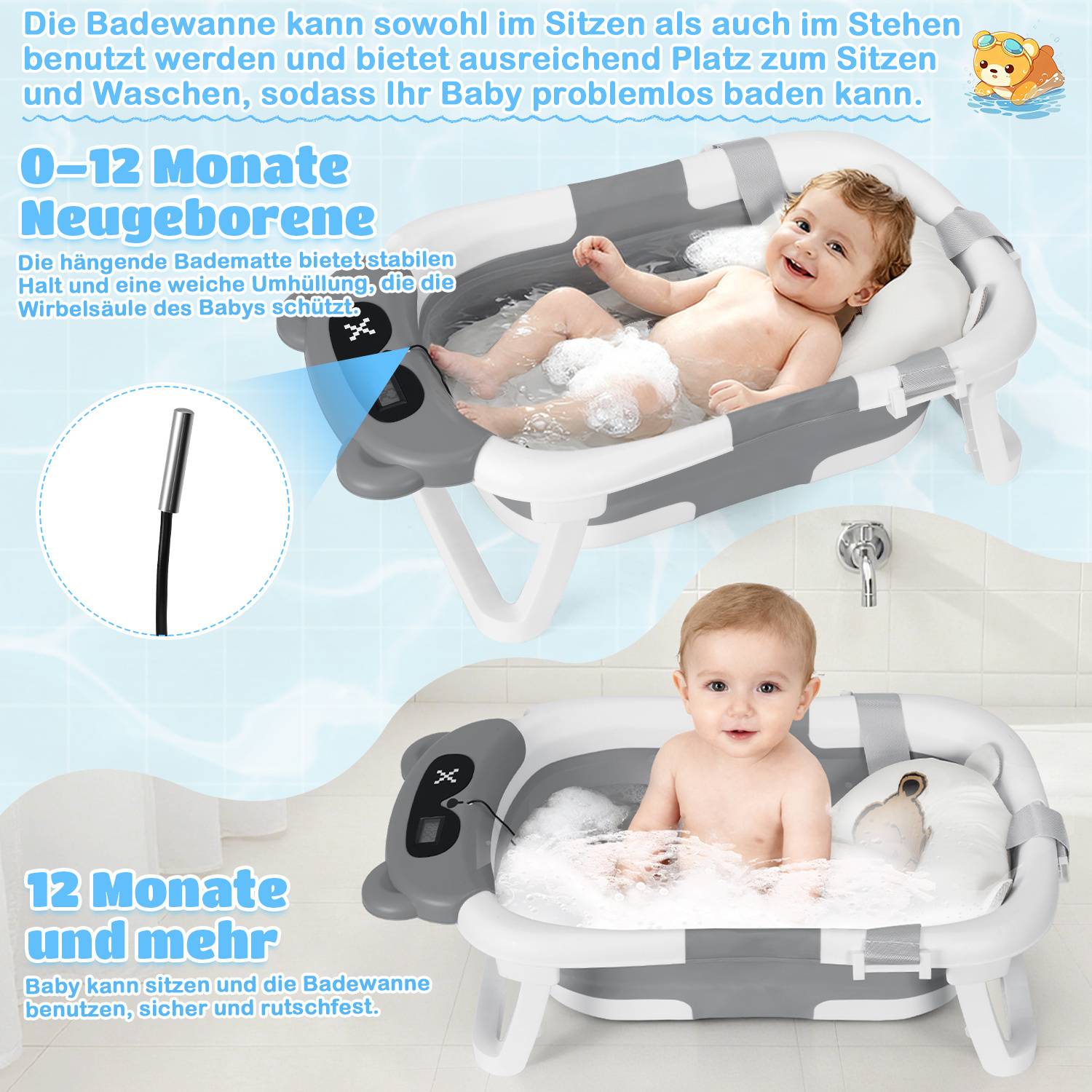 Baby Badewanne Faltbare Babybadewanne mit Gestell und Badematte Rutschfeste Tragbare Babywanne für Neugeborene Kinder (Grau)