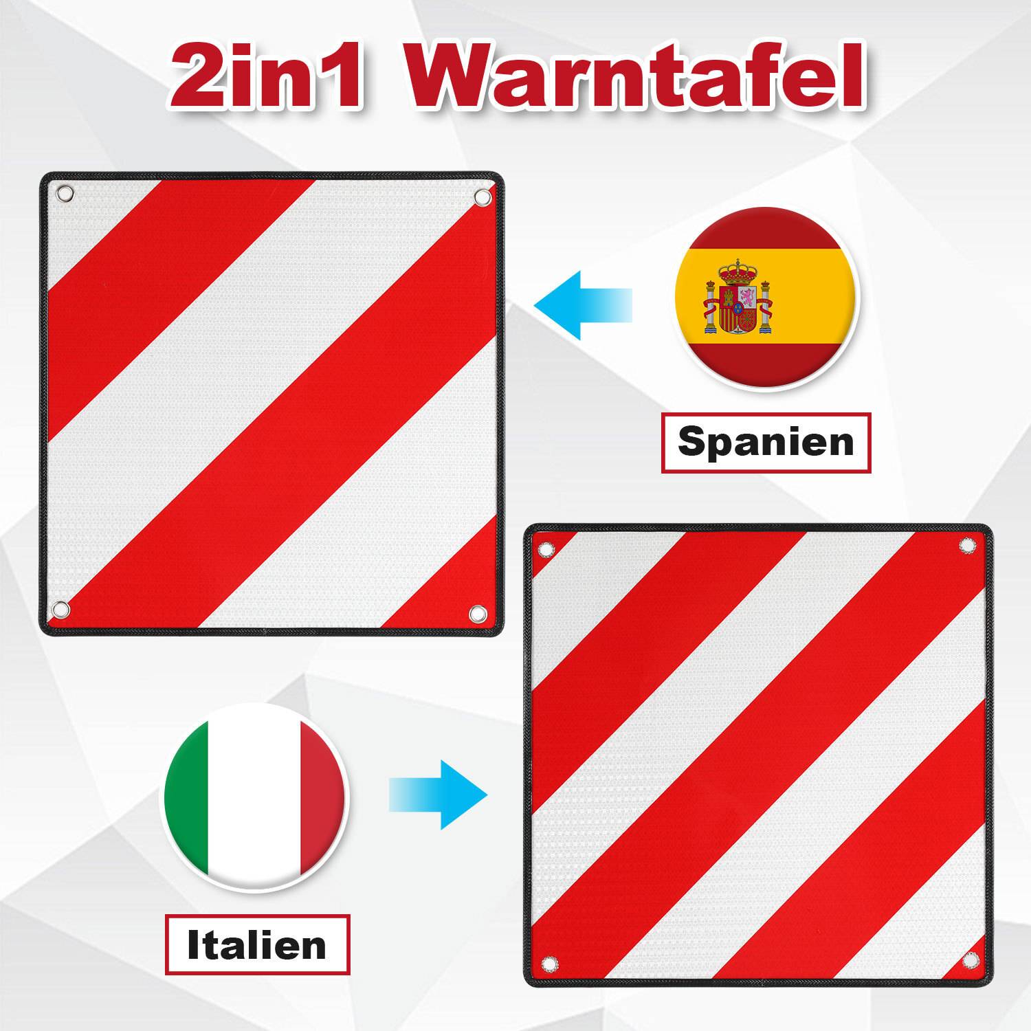 2in1 Warntafel Italien & Spanien 50x50 cm Alu Wendetafel mit Ösen - Reflektierendes Warnschild für Fahrradträger & Heckträger - Zulassung für üb