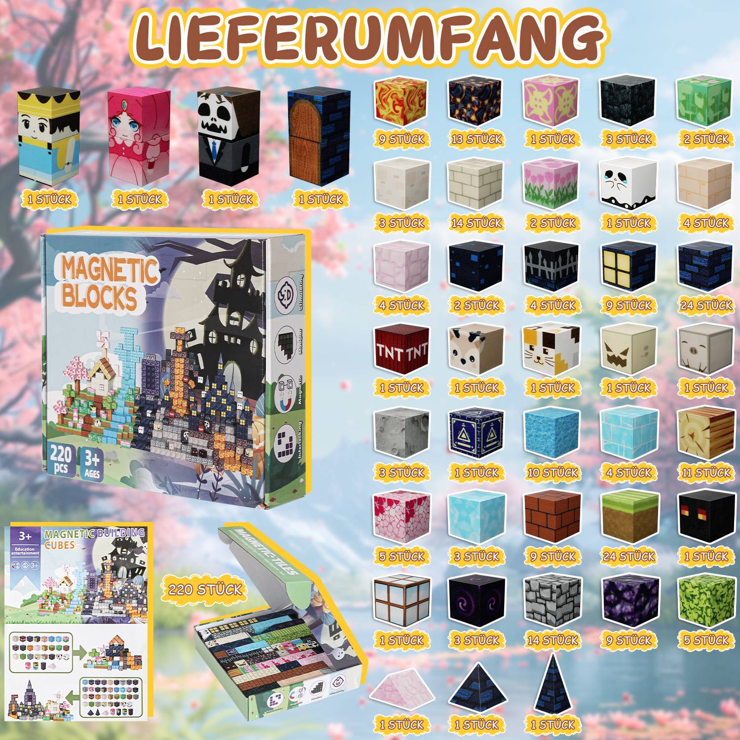 Magnetische Bausteine 220 Teile – Kreatives Lernspielzeug mit Starken Magneten – Perfekt als Weihnachts- & Halloween-Geschenk für Kinder