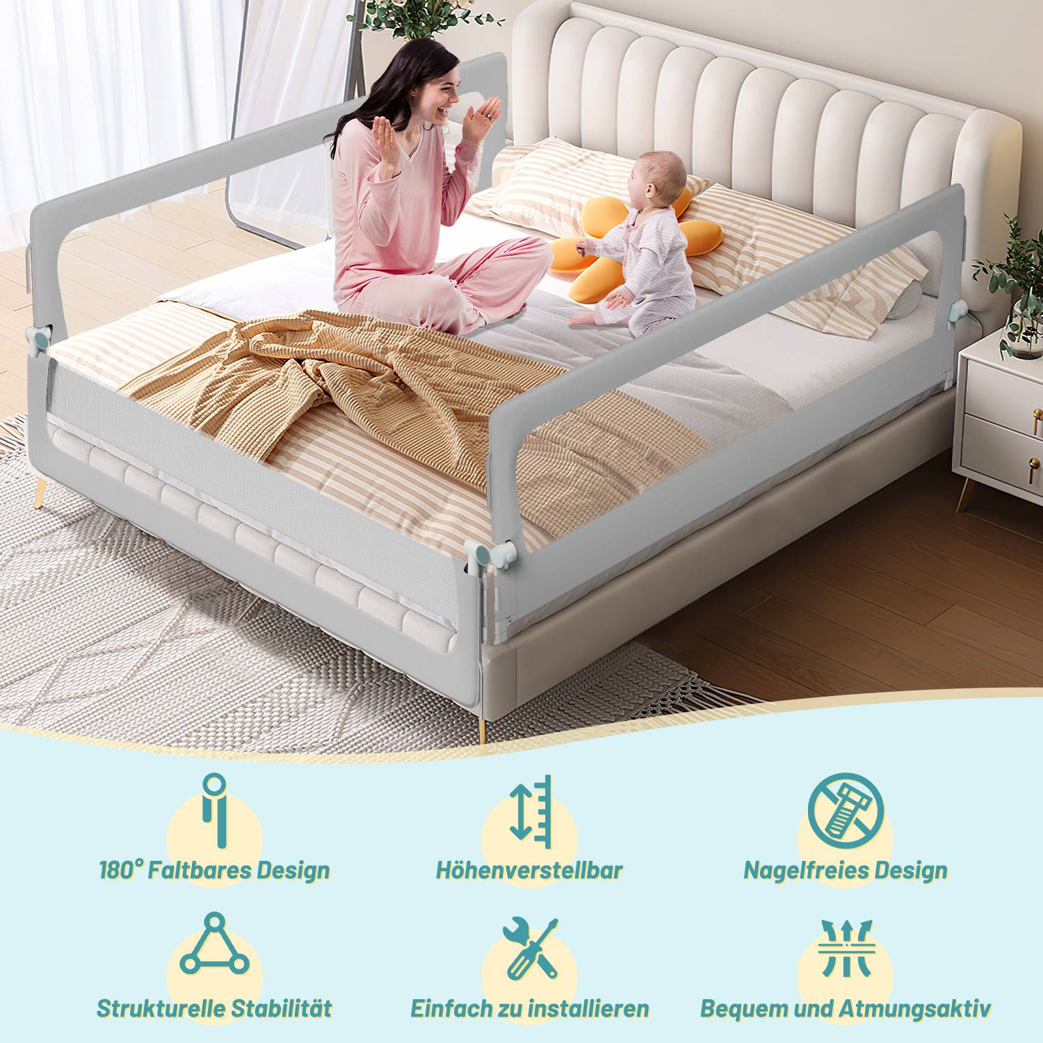 200cm Kinder Bettschutzgitter Bettgitter Kinderbettgitter Babybettgitter Klappbar Höhenverstellbar Rausfallschutz für Kinder & Elternbetten Bett