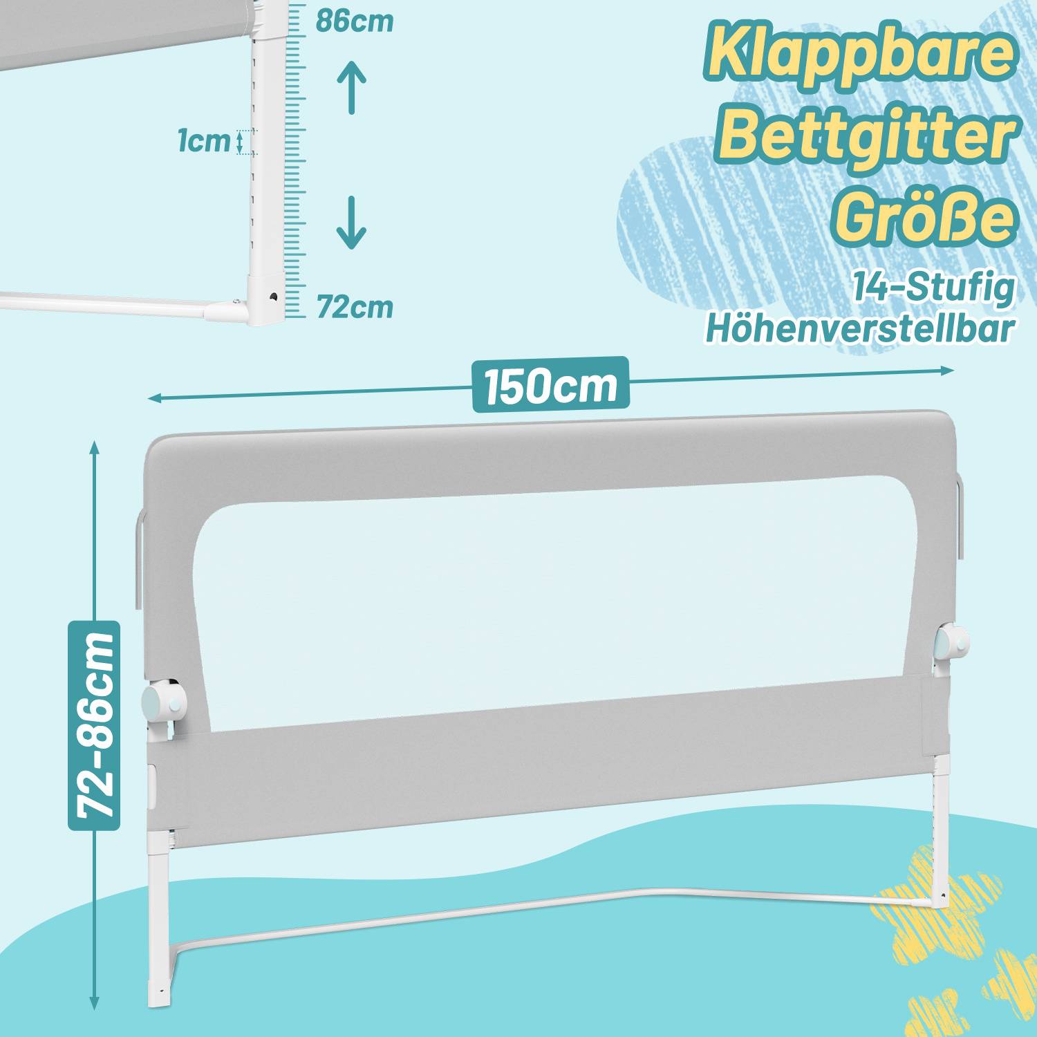 150cm Kinder Bettschutzgitter Bettgitter Kinderbettgitter Babybettgitter Klappbar Höhenverstellbar Rausfallschutz für Kinder & Elternbetten Bett