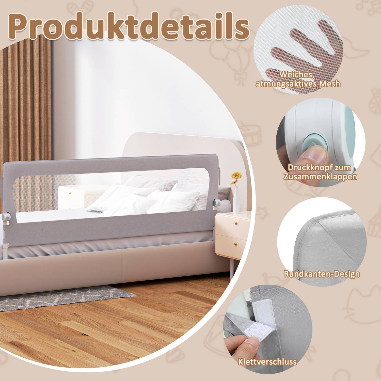 180cm Kinder Bettschutzgitter Bettgitter Kinderbettgitter Babybettgitter Klappbar Höhenverstellbar Rausfallschutz für Kinder & Elternbetten Bett