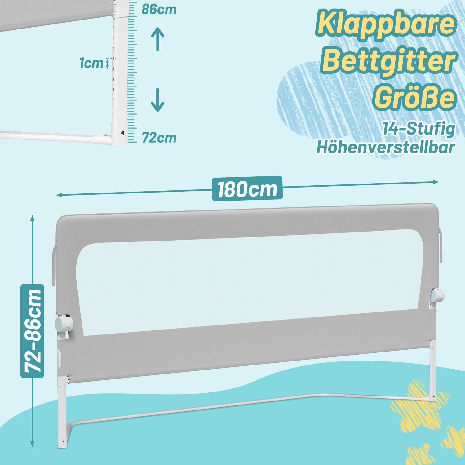 180cm Kinder Bettschutzgitter Bettgitter Kinderbettgitter Babybettgitter Klappbar Höhenverstellbar Rausfallschutz für Kinder & Elternbetten Bett