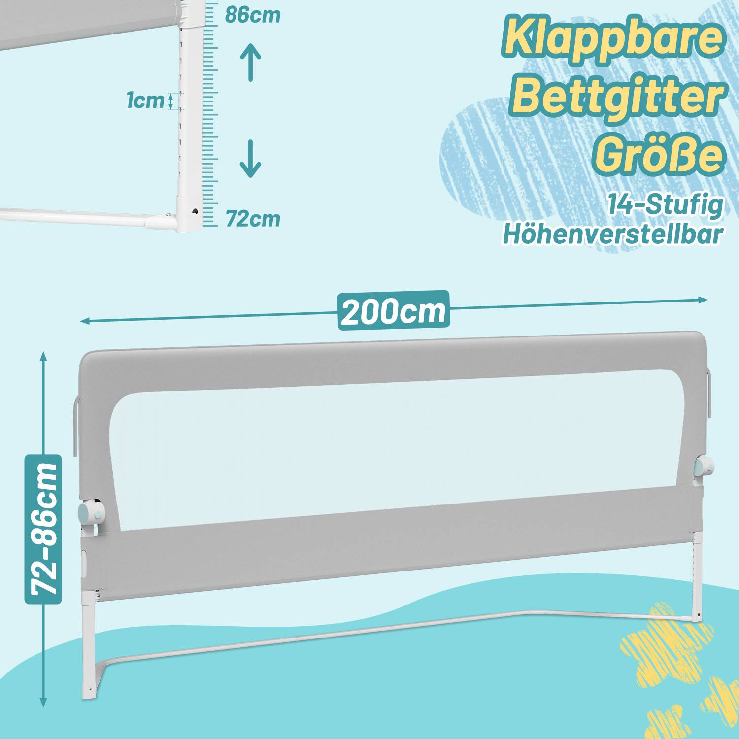 200cm Kinder Bettschutzgitter Bettgitter Kinderbettgitter Babybettgitter Klappbar Höhenverstellbar Rausfallschutz für Kinder & Elternbetten Bett