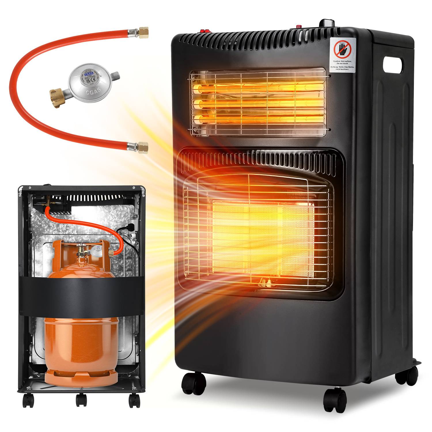 Keramik GasheizgeräT, Gas+Strom, Gas Heizung FüR InnenräUme, Inkl. Euro-Adapter, 42X36X72 Cm, PiezozüNdung, Kippschutz, Gasschlauch,FüR Propan/Bu
