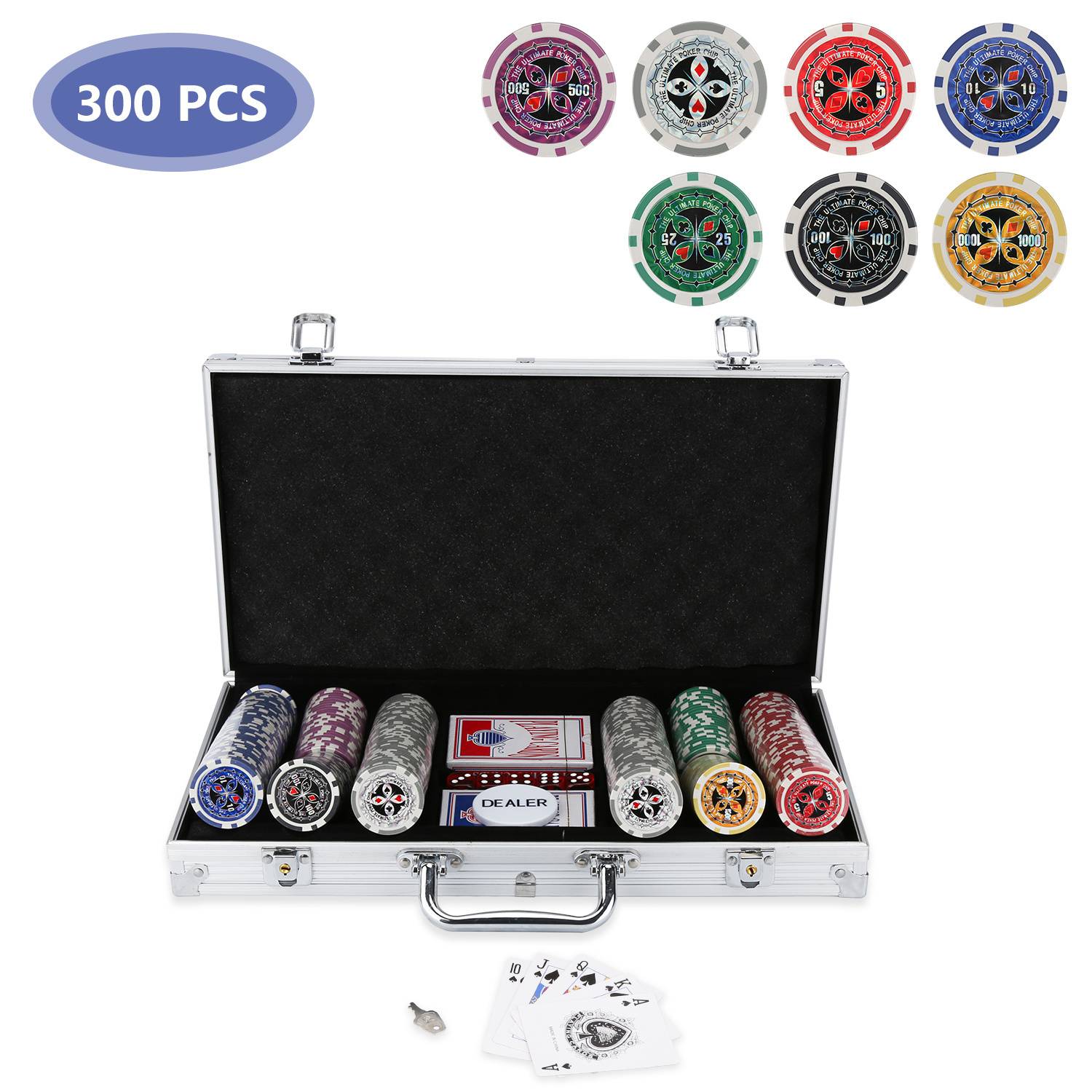 300 Pokerchips Spiel Pokerset Pokerkoffer Set mit Schloss – 11,5g Profi Jetons, abschließbarer Alu-Koffer Silber