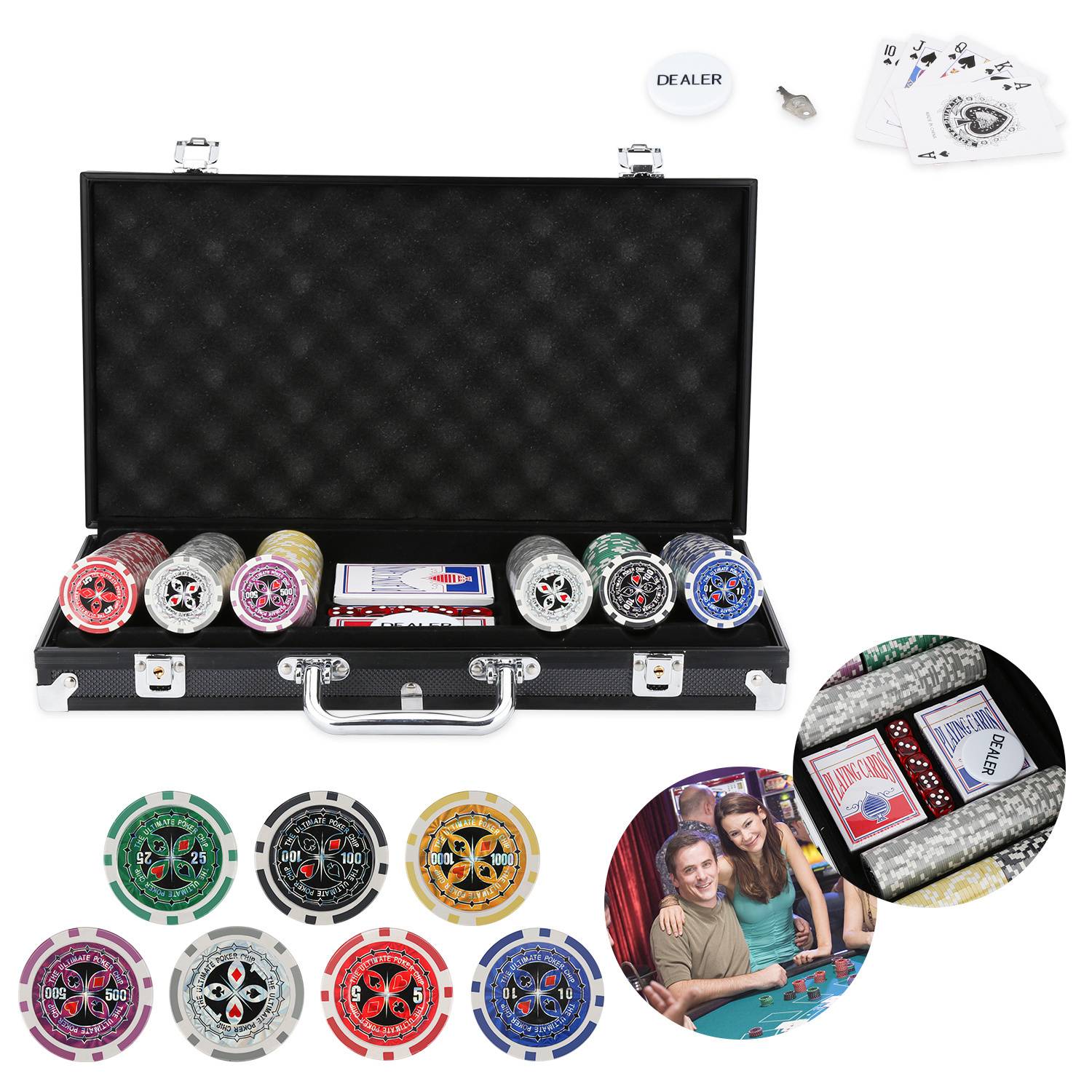 300 Pokerchips Spiel Pokerset Pokerkoffer Set mit Schloss – 11,5g Profi Jetons, abschließbarer Alu-Koffer Schwarz