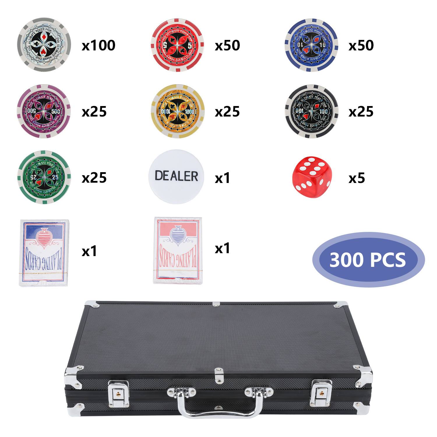 300 Pokerchips Spiel Pokerset Pokerkoffer Set mit Schloss – 11,5g Profi Jetons, abschließbarer Alu-Koffer Schwarz