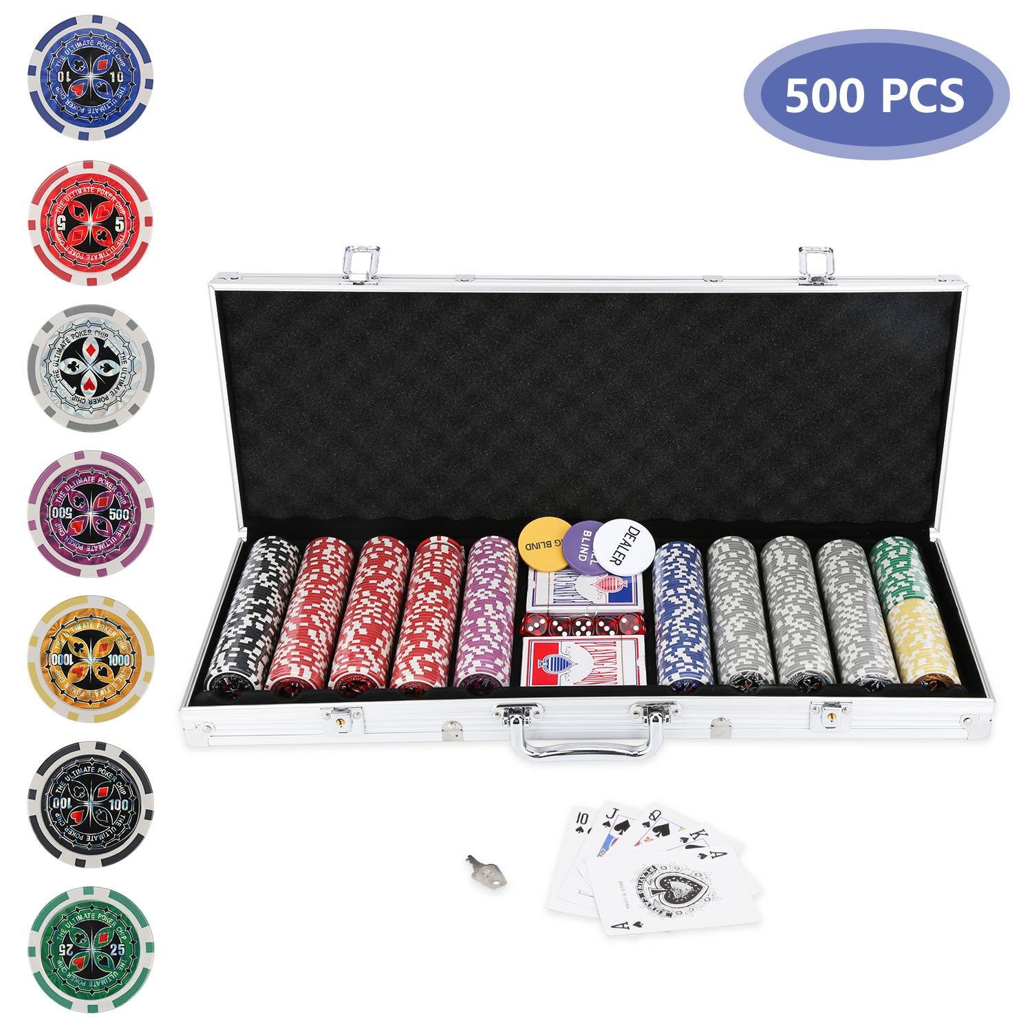 500 Pokerchips Spiel Pokerset Pokerkoffer Set mit Schloss – 11,5g Profi Jetons, abschließbarer Alu-Koffer Silber