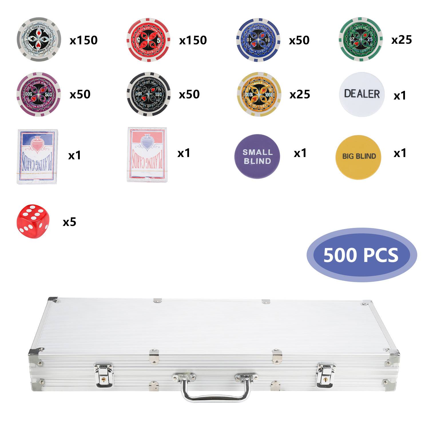 500 Pokerchips Spiel Pokerset Pokerkoffer Set mit Schloss – 11,5g Profi Jetons, abschließbarer Alu-Koffer Silber