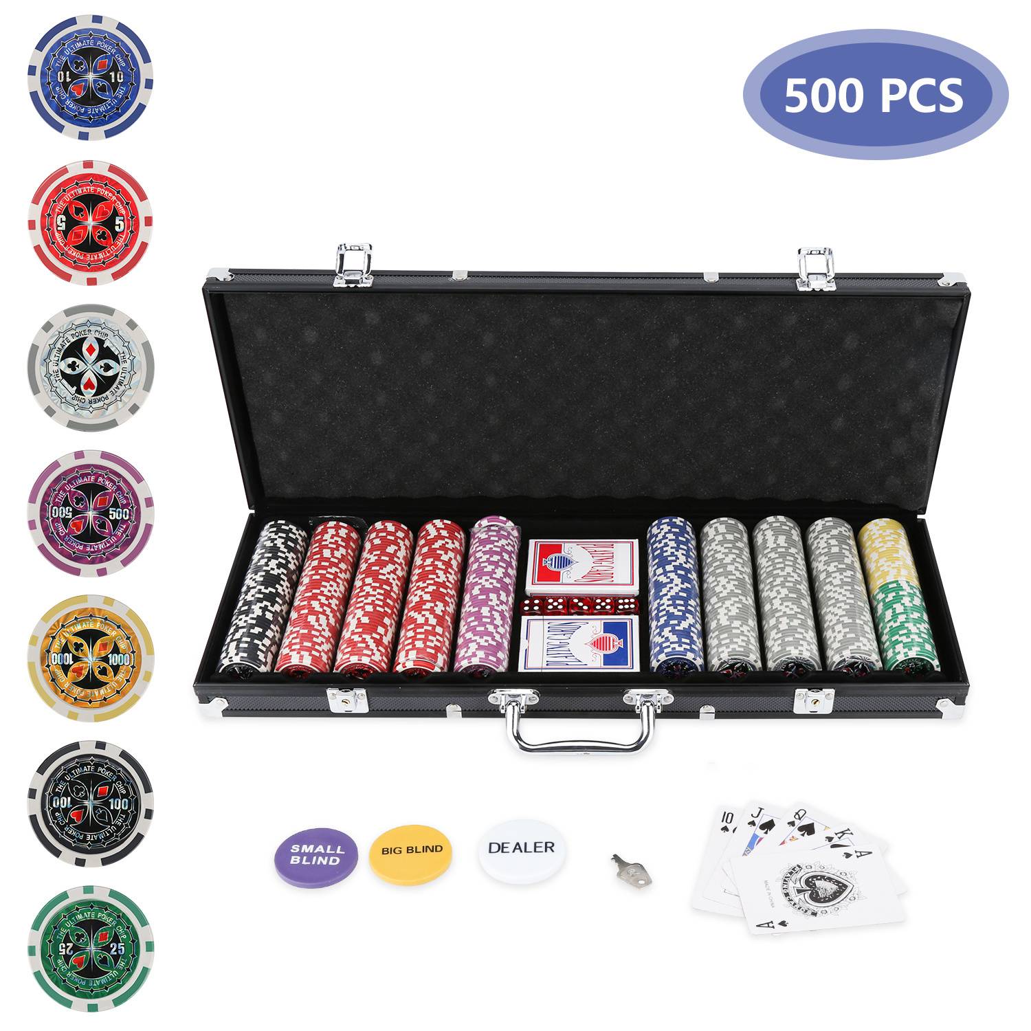 500 Pokerchips Spiel Pokerset Pokerkoffer Set mit Schloss – 11,5g Profi Jetons, abschließbarer Alu-Koffer Schwarz