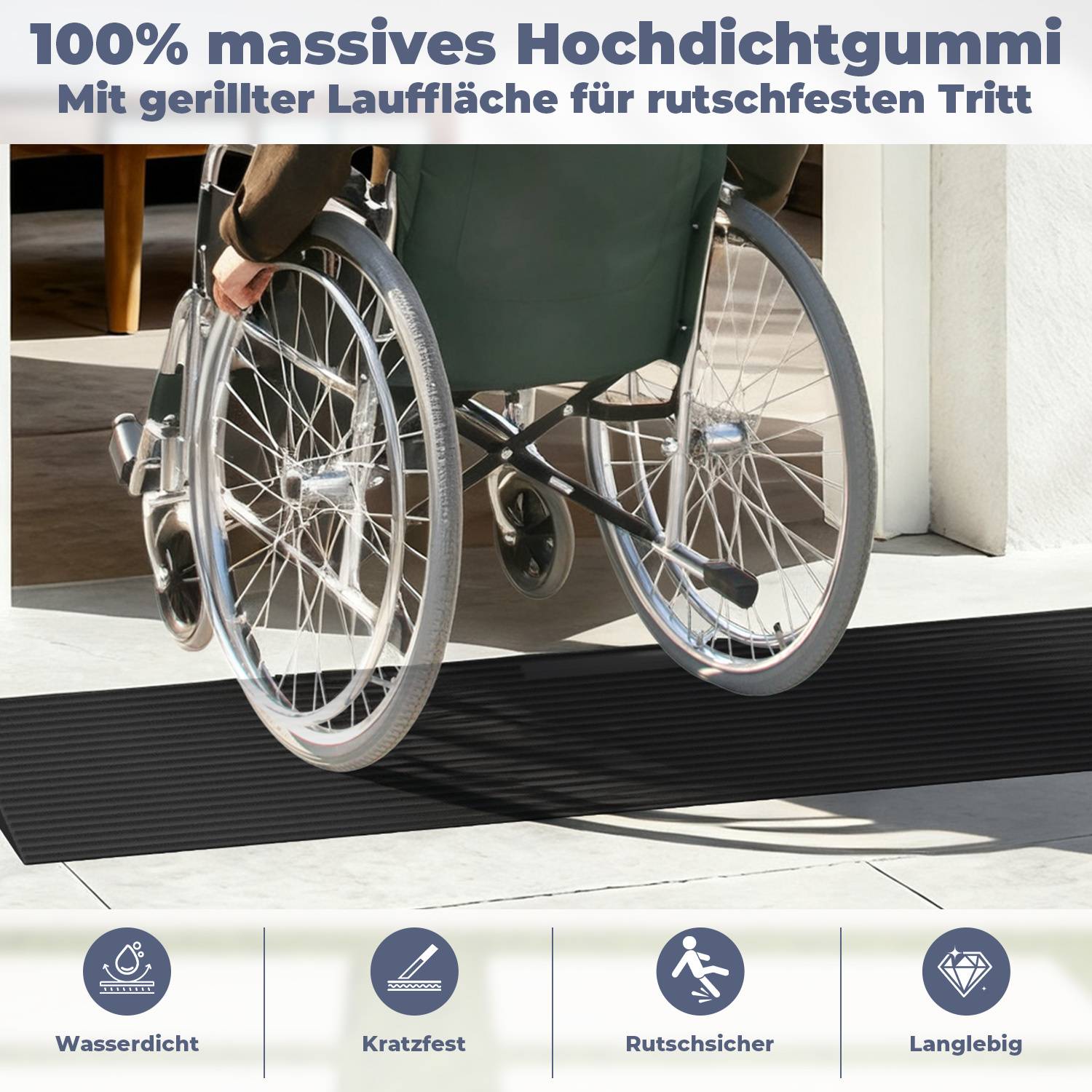 Gummi Türschwellenrampe 90 x 20 x 4 cm, max. 1T Tragkraft, Rutschfest Schwellenrampe für Rollstuhl & Rollator, Bordsteinrampe kürzbar