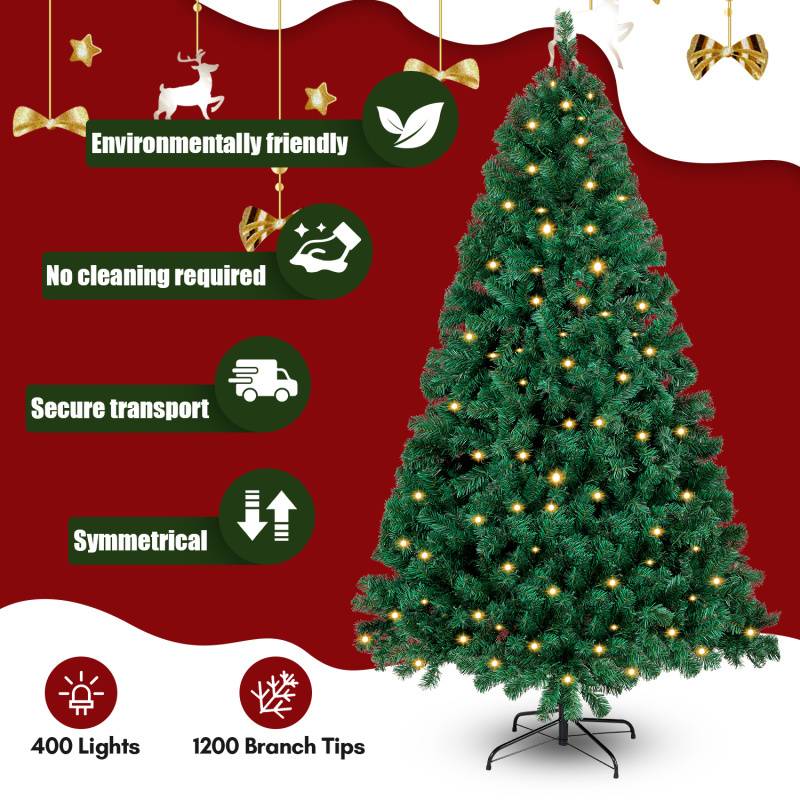 210cm Künstlicher Weihnachtsbaum inkl. 1200 Spitzen PVC Nadeln, 400 warmweiße LED-Leuchten & Metallständer, Tannenbaum, Christbaum