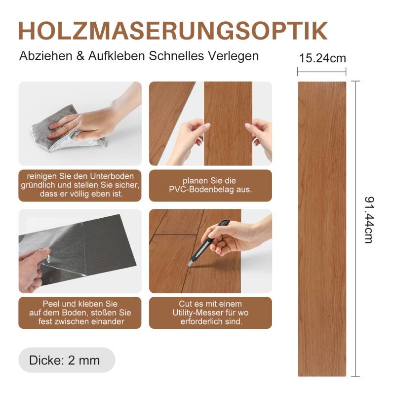 2,5m² Vinylboden Vinyl Laminat Selbstklebend Dielen Planke PVC Bodenbelag Rutschfest Wasserfest 18 Stück Vinyl-Dielen Holzmaserung Dielen Dicke 2 mm