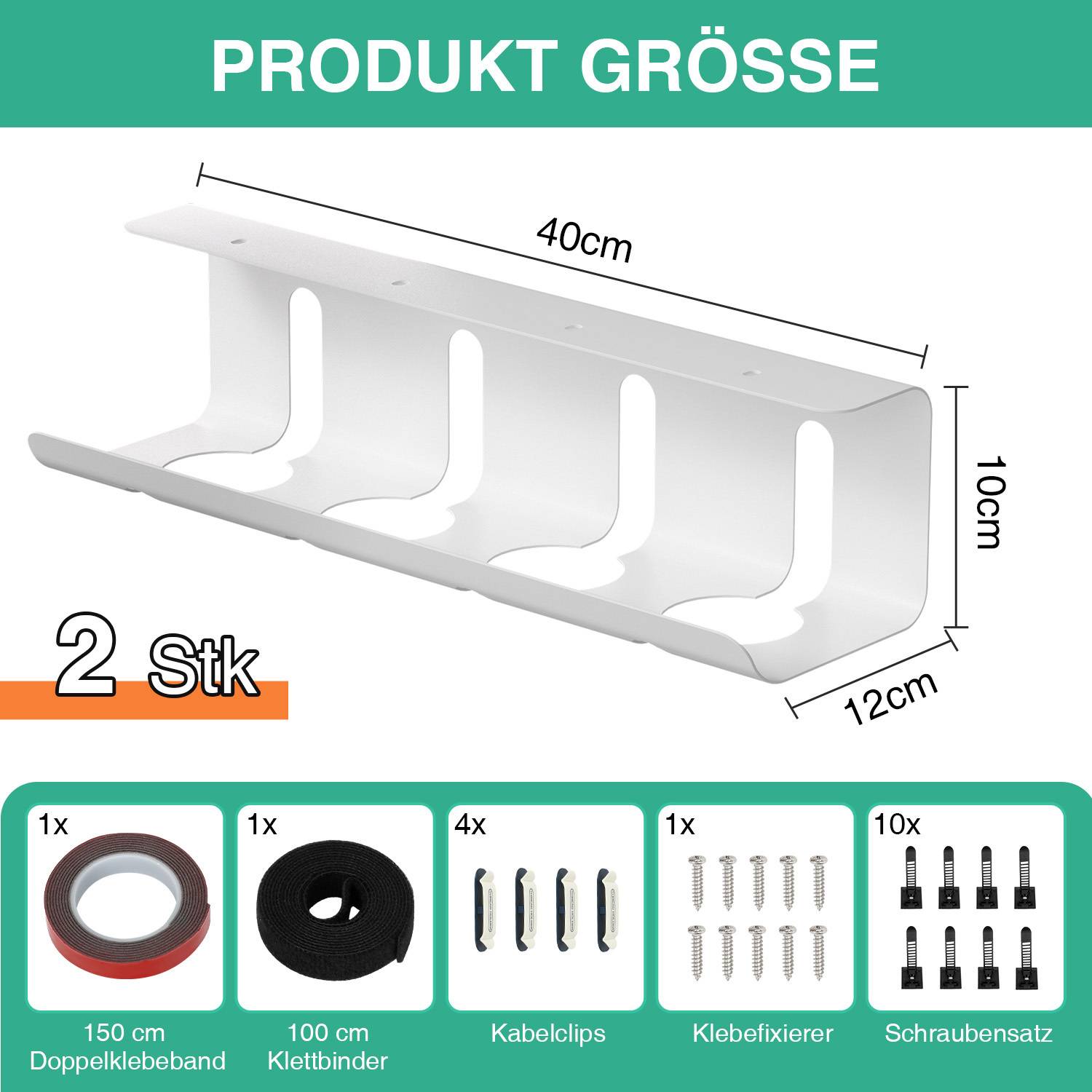 2er Set Kabelmanagement 5 KG Tragkraft Untertisch Organize Ohne Bohren Weiß
