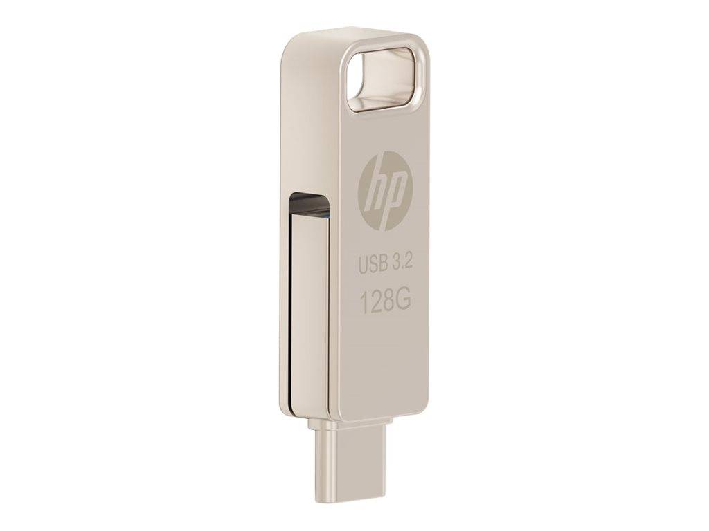HP USB 3.2 128GB Flash-Laufwerk mit beigefarbenem Metallgehäuse und Öffnung für Umhängeband/Schlüsselring, isoliert auf weißem Hintergrund dargestellt.