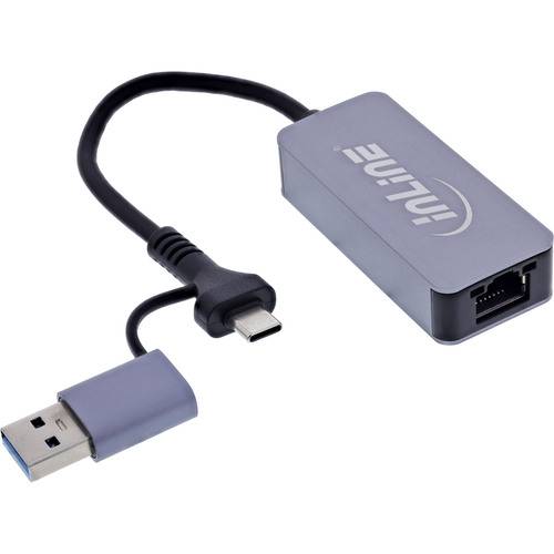 Ein USB-C auf Ethernet Adapter mit einem kurzen Kabel, ausgestattet mit einem USB-3.0-Anschluss auf der einen Seite und einem Ethernet-Port auf der anderen Seite, mit der Aufschrift „INLINE