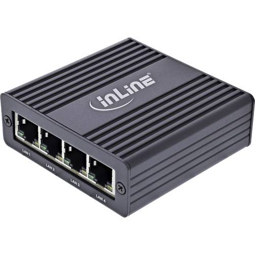 Ein kleiner schwarzer Netzwerk-Switch mit vier LAN-Ports, die mit ‚LAN 1' bis ‚LAN 4' beschriftet sind. Der Markenname ist oben sichtbar.