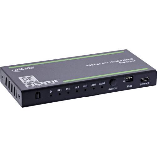 Ein schwarzer HDMI-Umschalter mit 8K-Unterstützung, ausgestattet mit fünf HDMI-Eingabeanschlüssen, einem Ausgabeanschluss und Tasten mit den Aufschriften „Switch