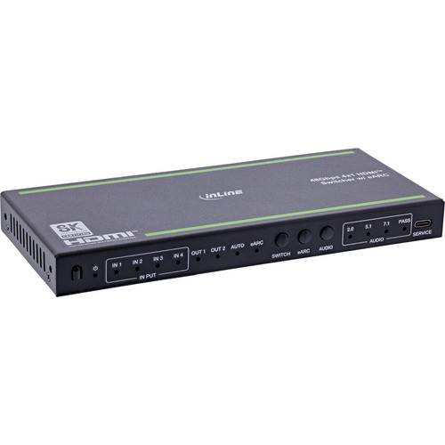 8K HDMI-Umschalter, 4x1-Modell, unterstützt 4 Eingänge, automatisches und manuelles Umschalten, ARC, Audiomodi, 3D, 5.1-Surround-Sound und 8K-Auflösung.