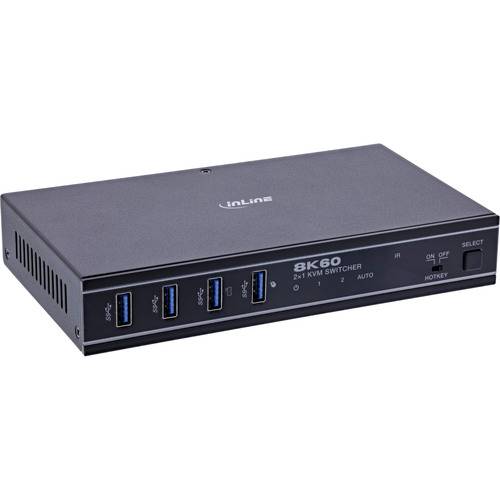 Ein schwarzer KVM-Schalter mit mehreren USB-Anschlüssen und Anzeigelampen mit den Beschriftungen 8K 60, 2 in 1 KVM-Schalter, Auto und Hotkey.