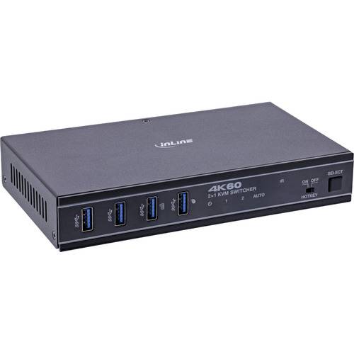 Ein schwarzer 4K 60 2x1 KVM-Umschalter mit vier USB-Anschlüssen, Schaltertasten und Statusanzeigen auf der Frontblende.