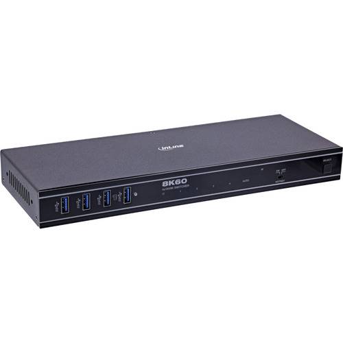 Ein schwarzes elektronisches Gerät mit der Bezeichnung 8K60 mit HDMI- und DisplayPort-Eingängen, das zur Videowechselschaltung oder Konnektivität verwendet wird und auf weißem Hintergrund ruht.