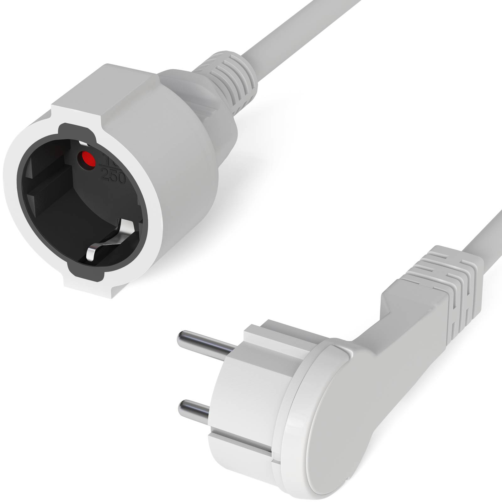 Weißes Stromkabel mit einer Buchse und einem zweipoligen Stecker auf neutralem Hintergrund, dargestellt als Produktansicht.