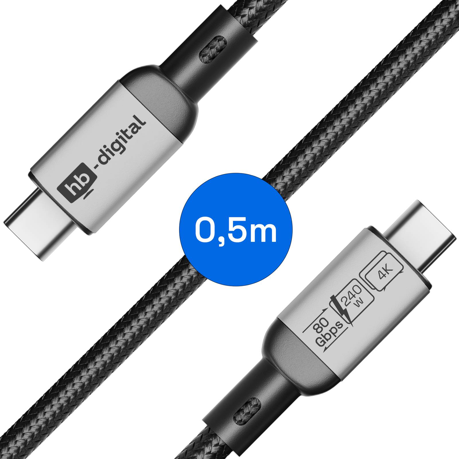 hb-digital 0,5m USB-C auf USB-C Kabel 240W 80Gbps USB-4