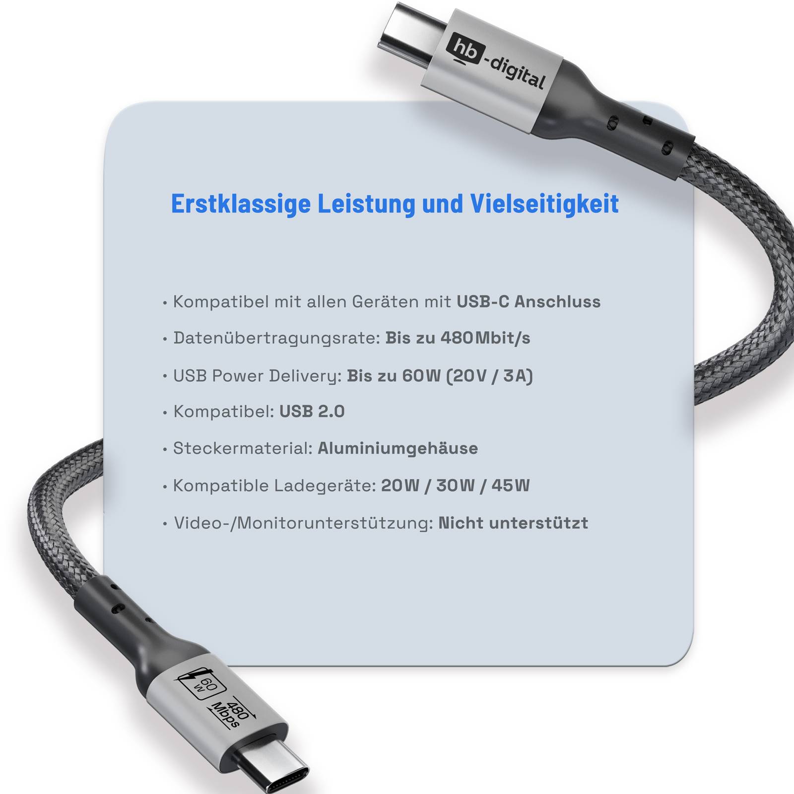 hb-digital USB-C auf USB-C Kabel 2m USB 2.0 60W 480Mbps schwarz