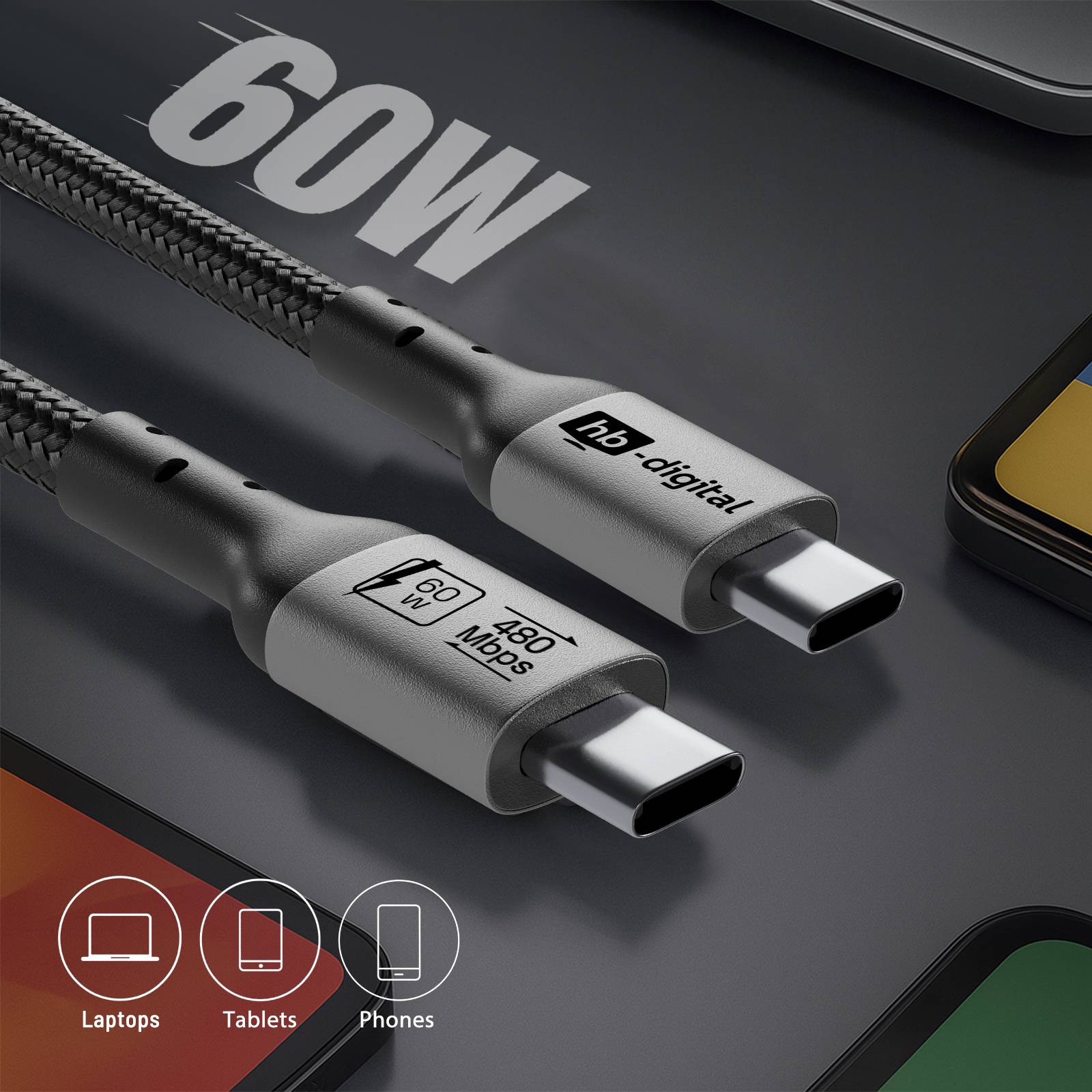 hb-digital USB-C auf USB-C Kabel 2m USB 2.0 60W 480Mbps schwarz