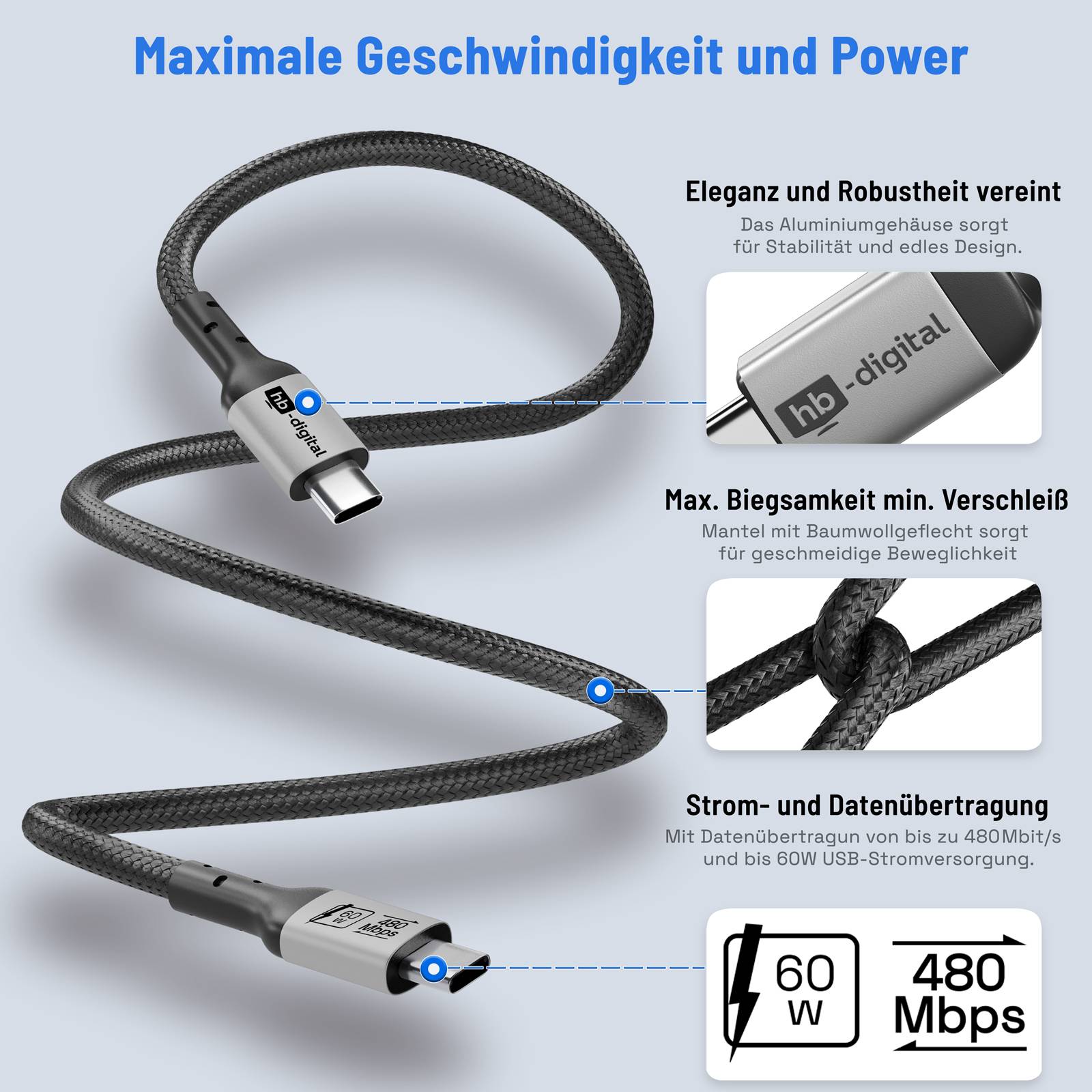 hb-digital USB-C auf USB-C Kabel 2m USB 2.0 60W 480Mbps schwarz
