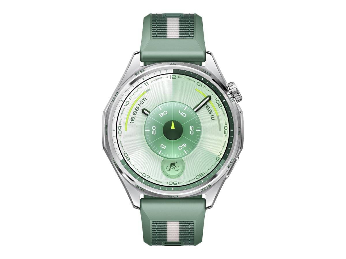 Eine grüne Smartwatch mit rundem Display zeigt 50 Minuten im inneren Kreis und eine Schrittzahl von 2854 km im äußeren Kreis.