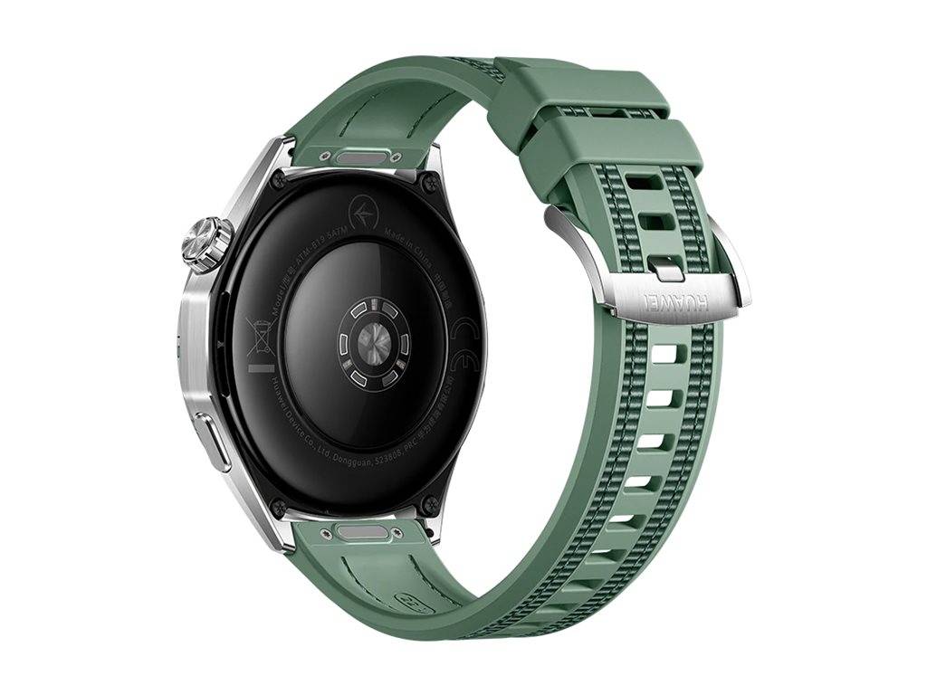 Eine Smartwatch mit einem grünen Armband und silberner Gehäuse wird gezeigt, mit einem runden Display und zahlreichen Sensoren darunter, von der Rückseite betrachtet.