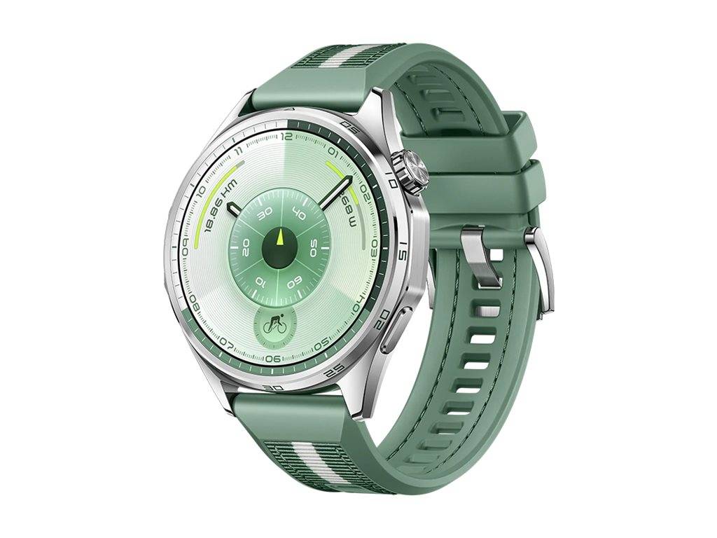 Eine grüne Smartwatch mit rundem Zifferblatt, die eine digitale Anzeige mit Zeit- und Distanzmetriken zeigt. Das Armband ist aus Silikon gefertigt.