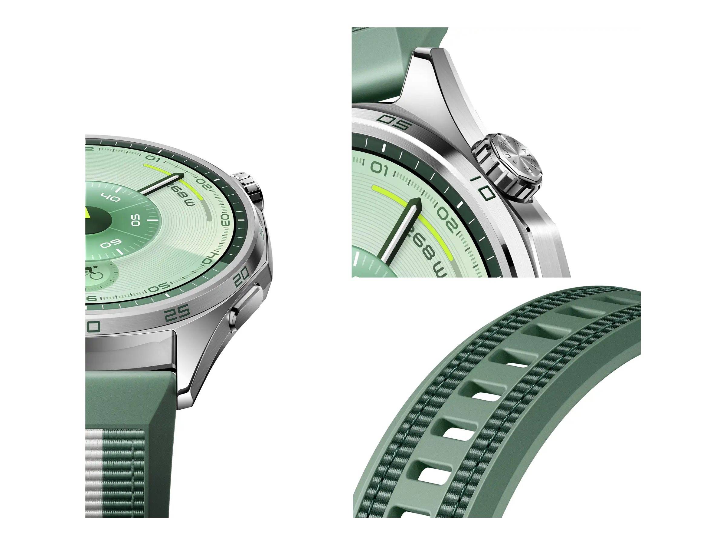 Eine grüne Armbanduhr mit rundem Zifferblatt, elegantem Gehäuse aus Edelstahl und einem strukturierten Armband. Das Zifferblatt zeigt Stunden-, Minuten- und Sekundenmarkierungen.