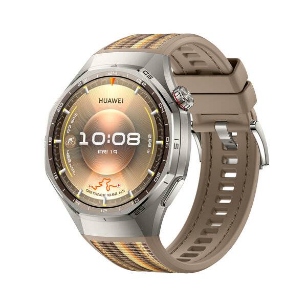 Huawei-Smartwatch mit rundem digitalen Display, das 10:08 und FRI 19 anzeigt, beigefarbenem Armband und silberfarbenem Gehäuse auf weißem Hintergrund.