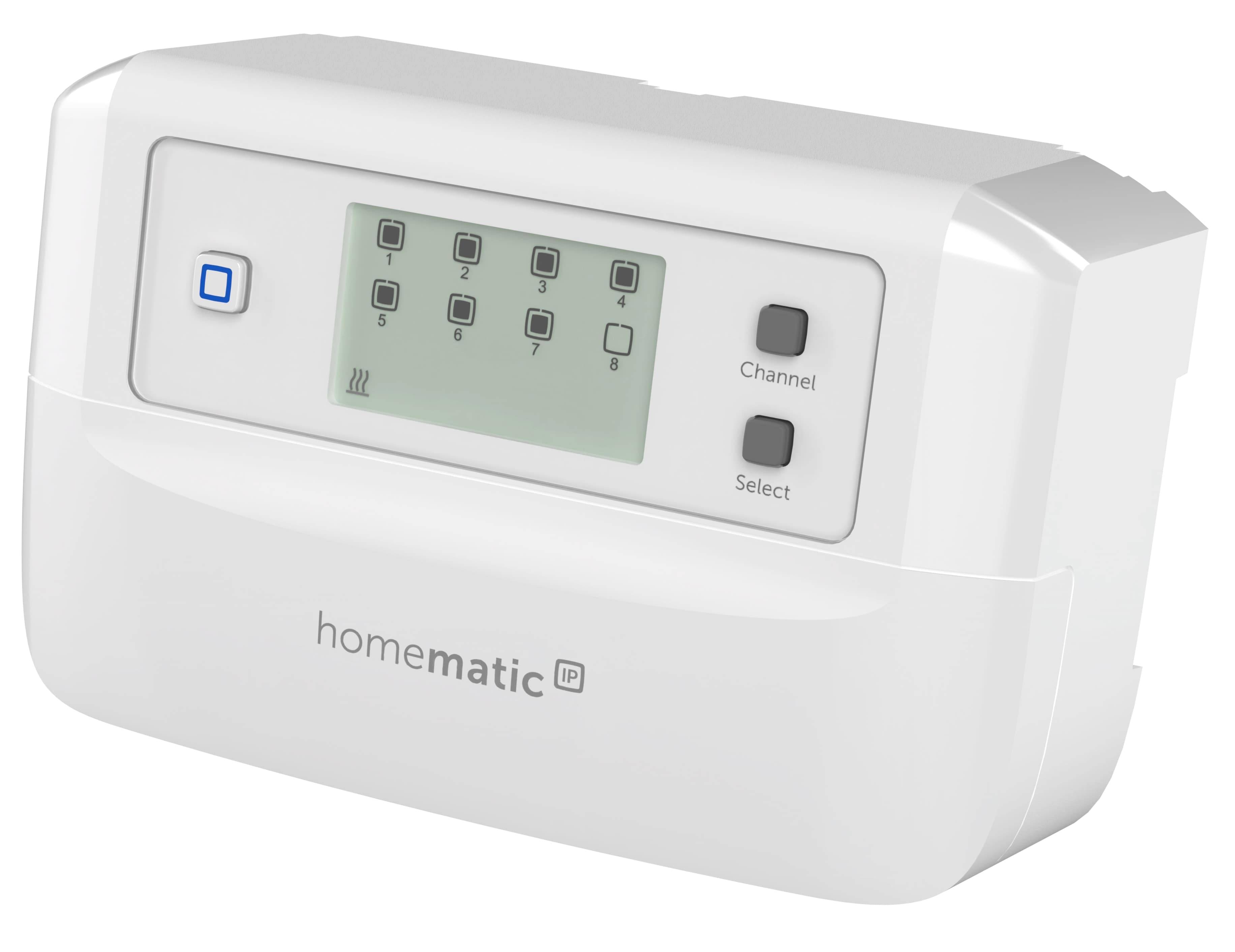 Ein weißes 'Homematic IP' Gerät mit einer digitalen Anzeige zeigt die Zahlen 1-8. Es verfügt über Tasten für 'Kanal' und 'Auswahl'.