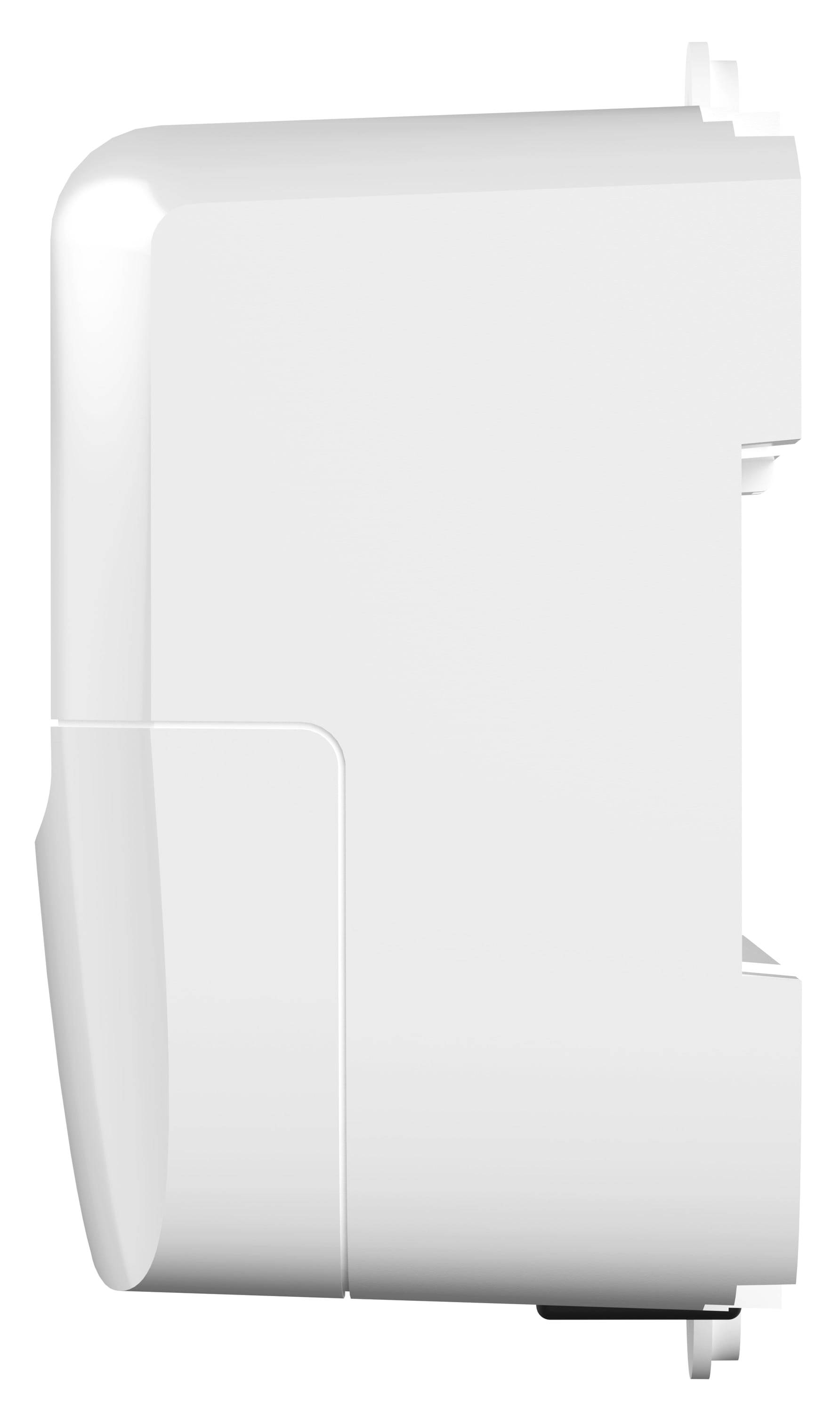 Ein Teil eines weißen elektronischen Geräts mit glatten, abgerundeten Kanten und einer kleinen Öffnung an der Seite, möglicherweise Teil einer größeren Maschine.