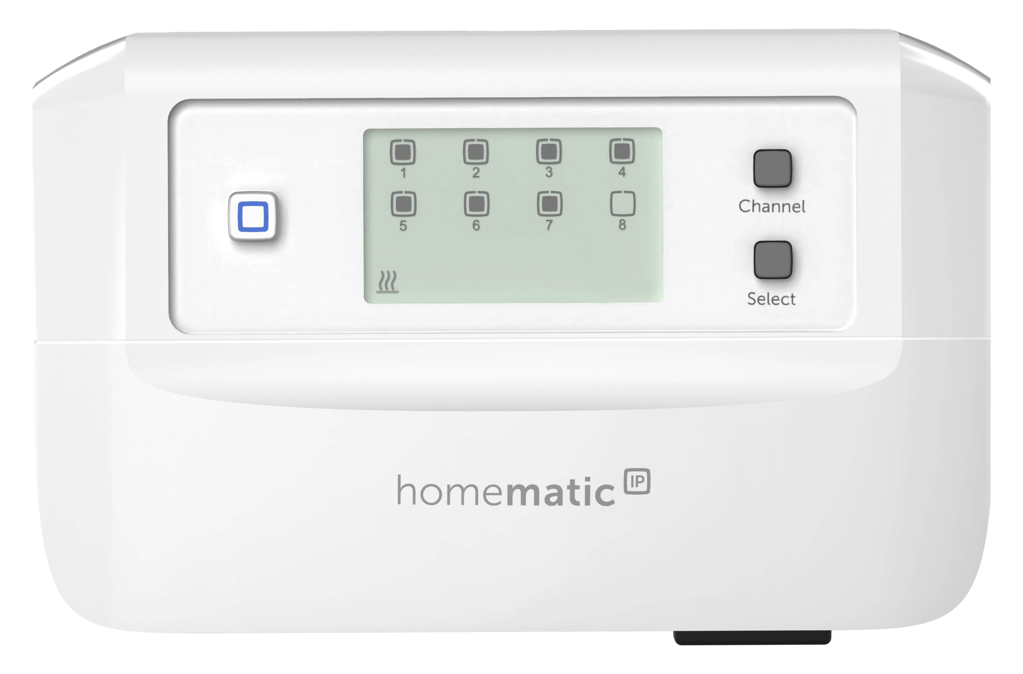 Ein weißes Hausautomationsgerät mit Tasten, die von '1' bis '9' und 'Kanalauswahl' beschriftet sind; enthält ein Display mit neun Symbolen.