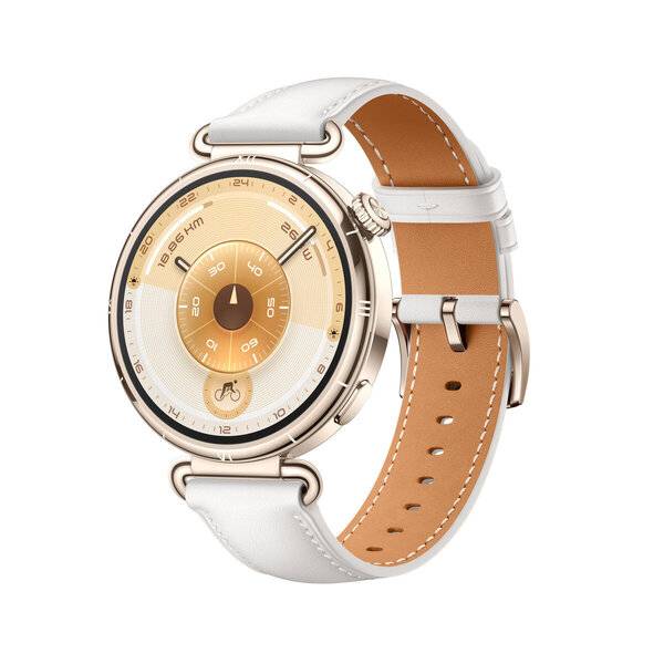 Luxuriöse runde Smartwatch mit goldenem Zifferblatt und weißem Lederarmband auf weißem Hintergrund.