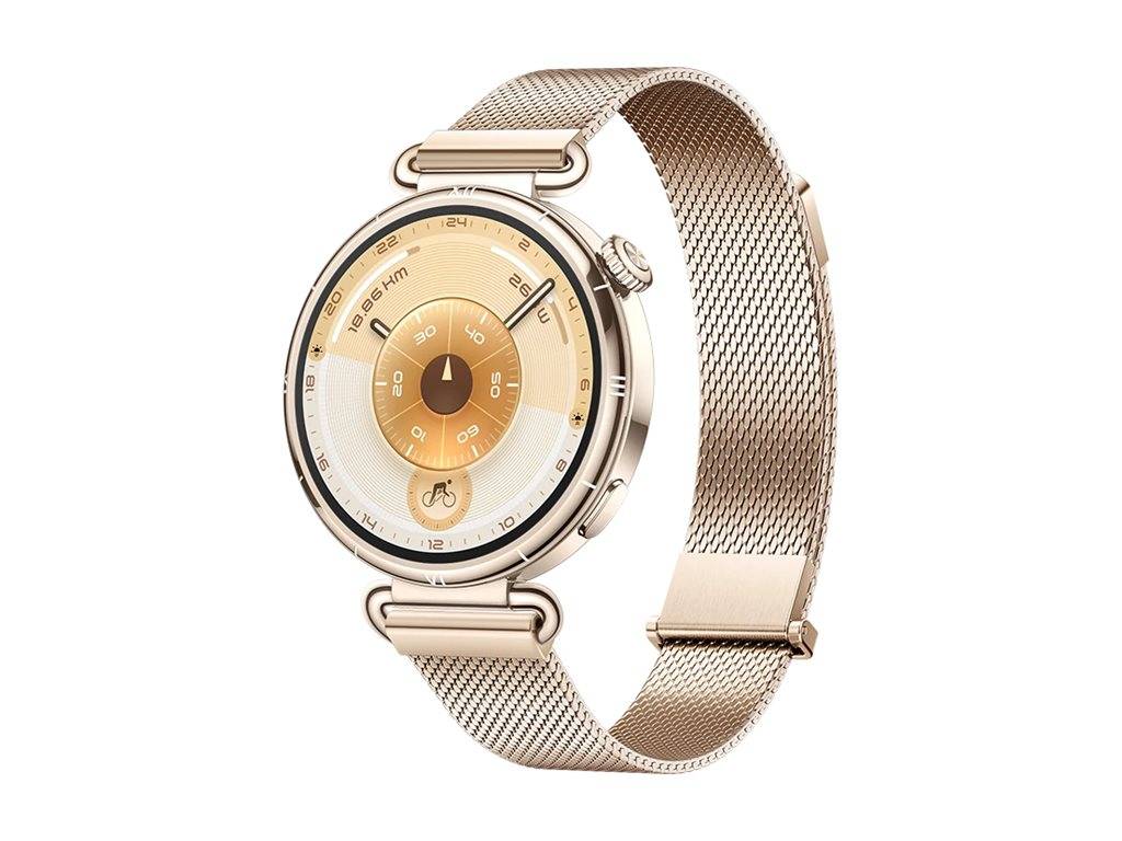 Eine goldene Smartwatch mit einem Meshband zeigt ein rundes Display, das die Uhrzeit und verschiedene Gesundheitsmetriken wie Schrittzahl und Herzfrequenz anzeigt.