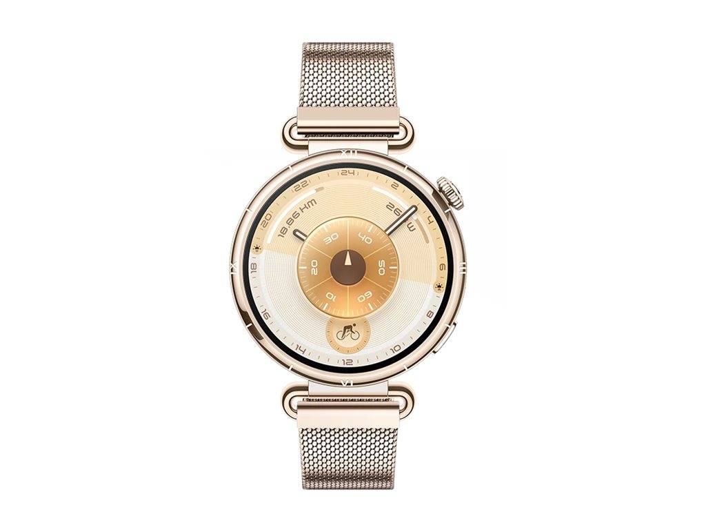 Eine runde goldene Uhr mit einem Maschenarmband und einem bunten Zifferblatt, das Stunden-, Minuten- und Sekundenmarkierungen in konzentrischen Kreisen zeigt.
