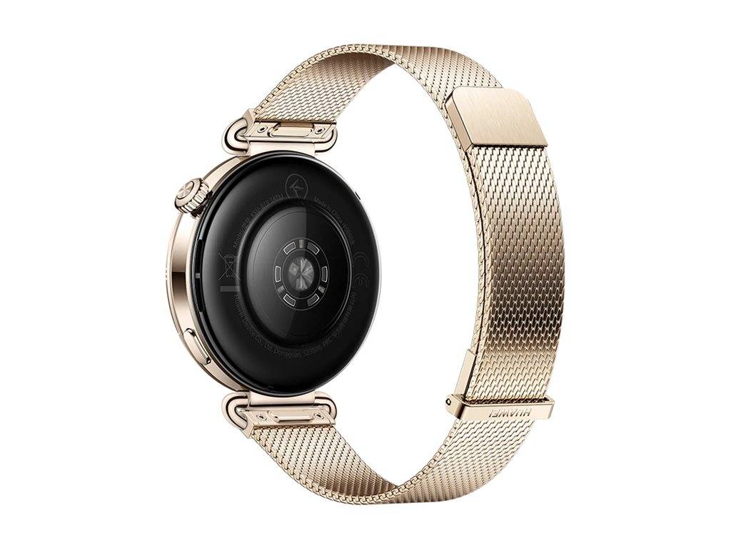 Eine Uhr mit goldenem Mesharmband, rundem, schwarzem Zifferblatt und metallfarbener Oberfläche, von der Seite betrachtet, wobei ihr schlankes, modernes Design betont wird.