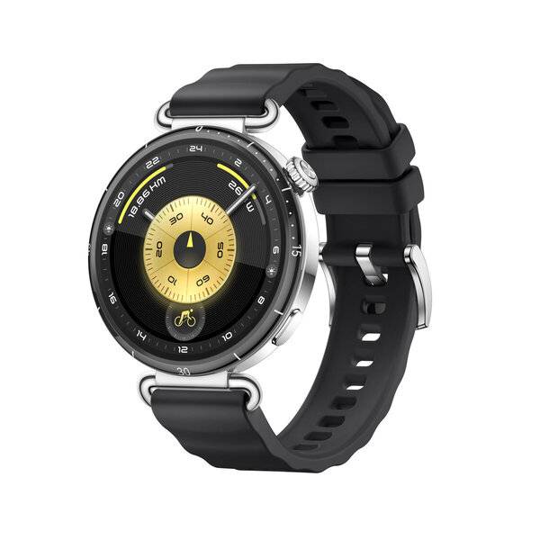 Schwarze Smartwatch mit rundem Zifferblatt, gelbem digitalem Display, silbernem Gehäuse und schwarzem Silikonarmband auf weißem Hintergrund.