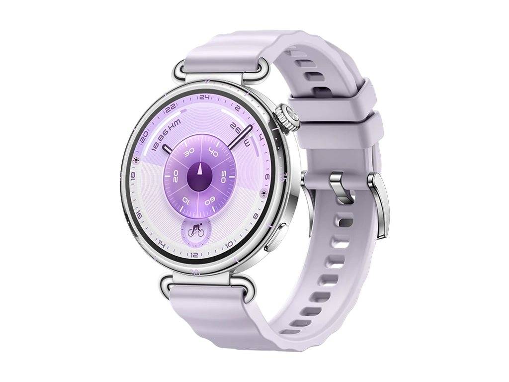 Eine Smartwatch mit einem runden violetten Zifferblatt zeigt Uhrzeit und Datum an. Sie verfügt über ein lavendelfarbenes Silikonarmband und verbindet modernes Design mit Funktionalität.