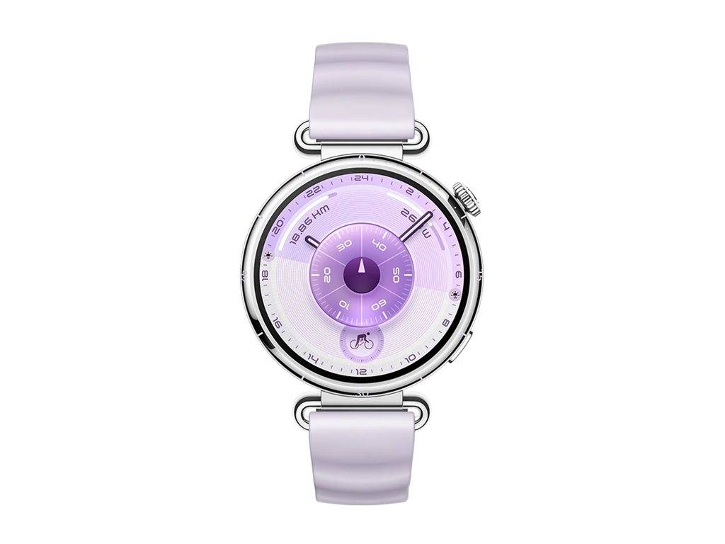 Eine stilvolle digitale Armbanduhr mit einer kreisförmigen Anzeige, die eine violett-getönte Benutzeroberfläche und einen lavendelfarben Armband aufweist und Uhrzeit und Schrittzahl anzeigt.